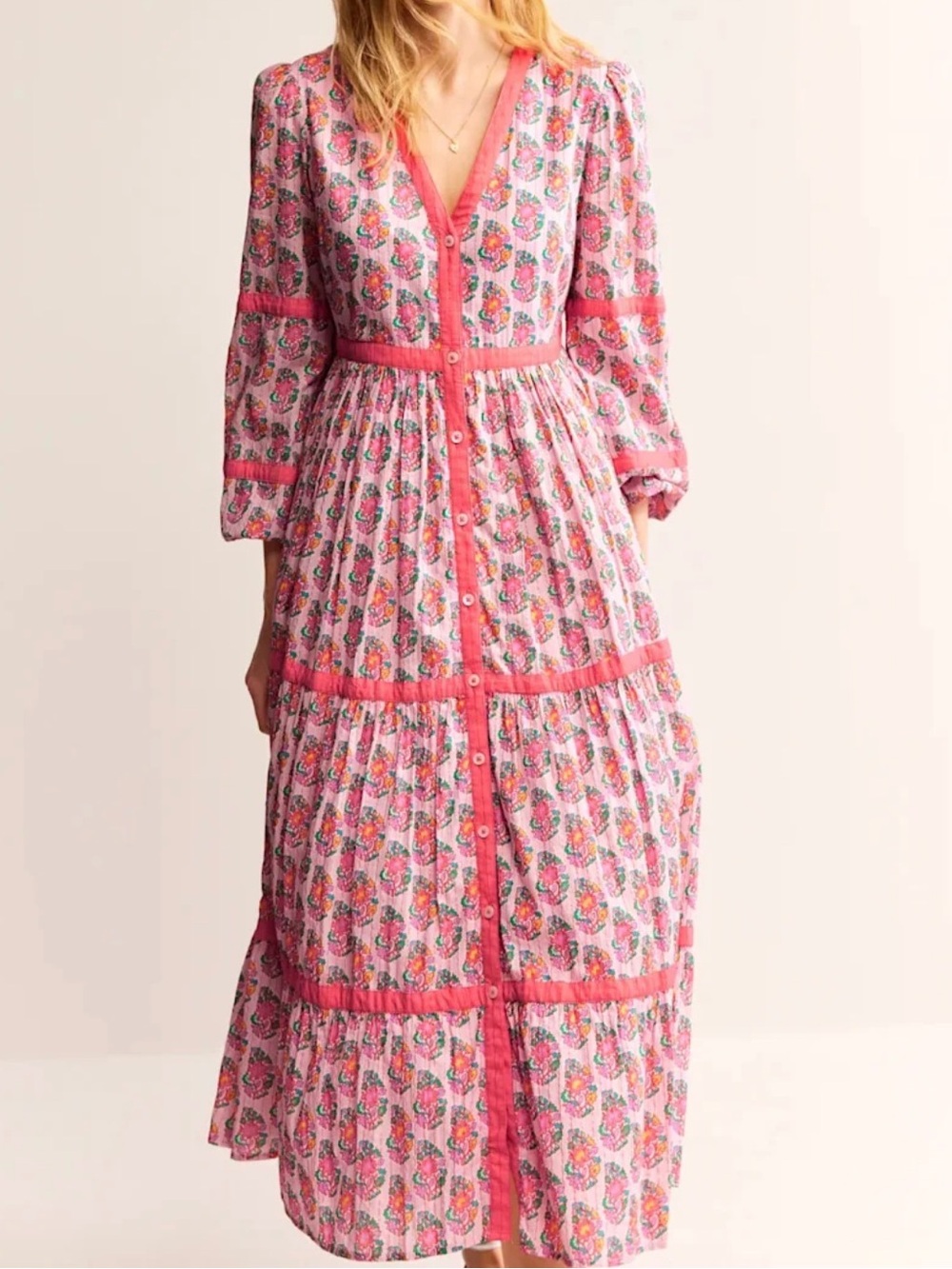 Boden V-Neck Coral Floral Tiered Button Down Cotton Midi Dress Sz12 Bohemian